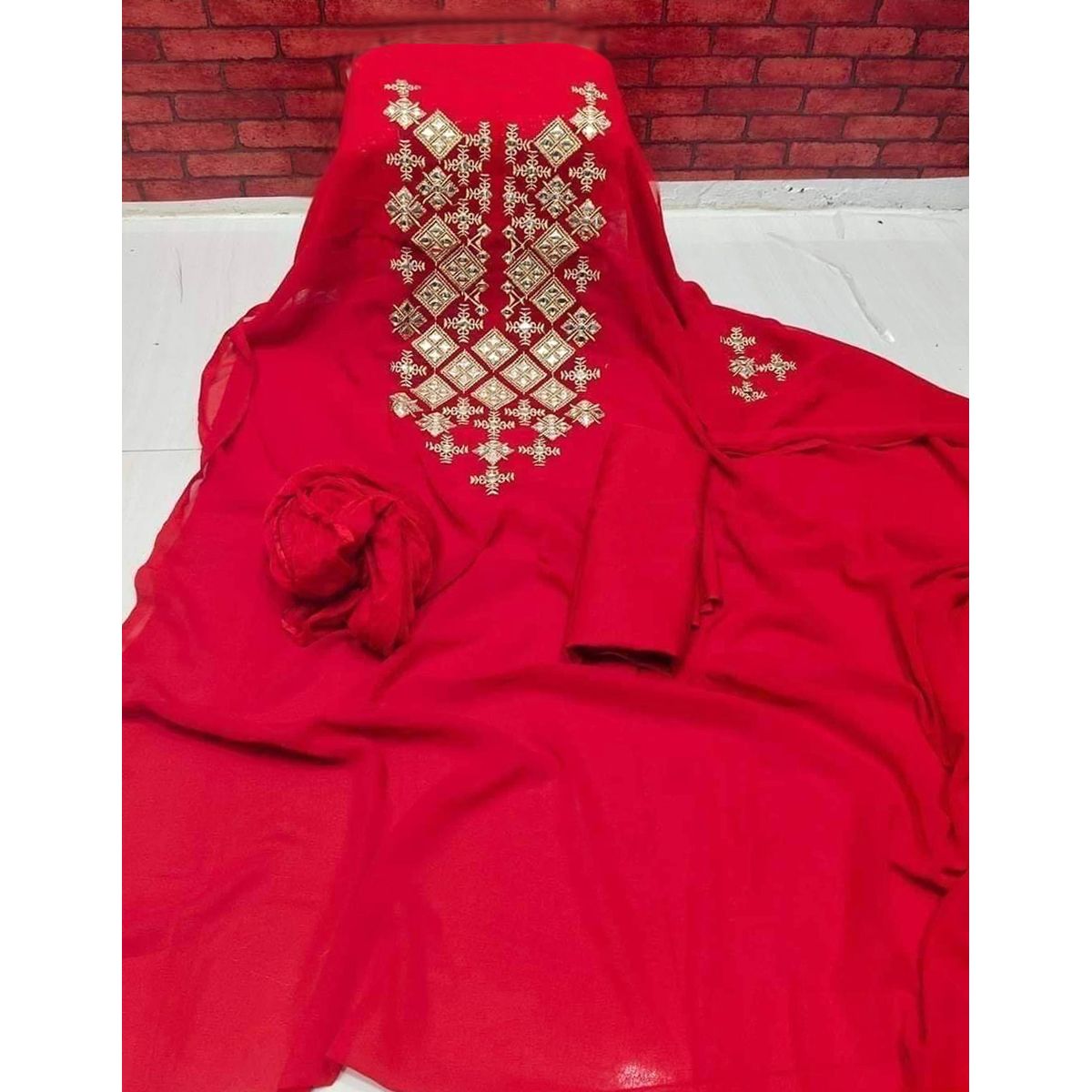 Georgette/Jorjet Embroidery Work Salwar Kameez For Women [3 Piece]-Red Color