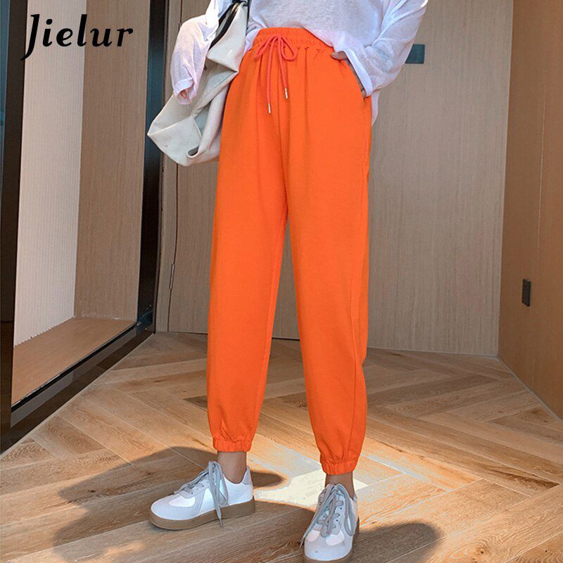 Jielur Candy Color Orange Pink Gray Sports Pants Female Street Leisure BF Harem Pants S-XL Autumn Women Sweatpants