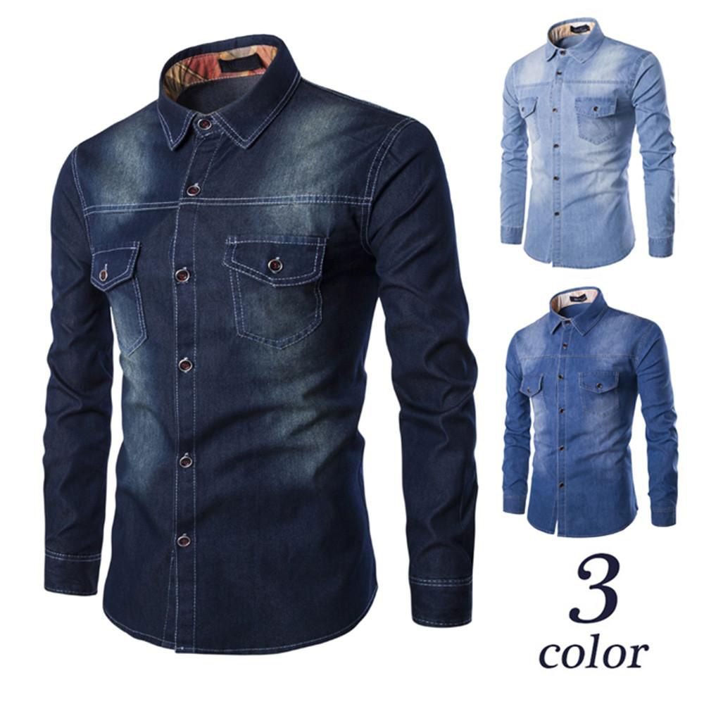 Men's Autumn Casual Fashion Slim Fit Denim Cotton Long Sleeve Shirt Top Blouse