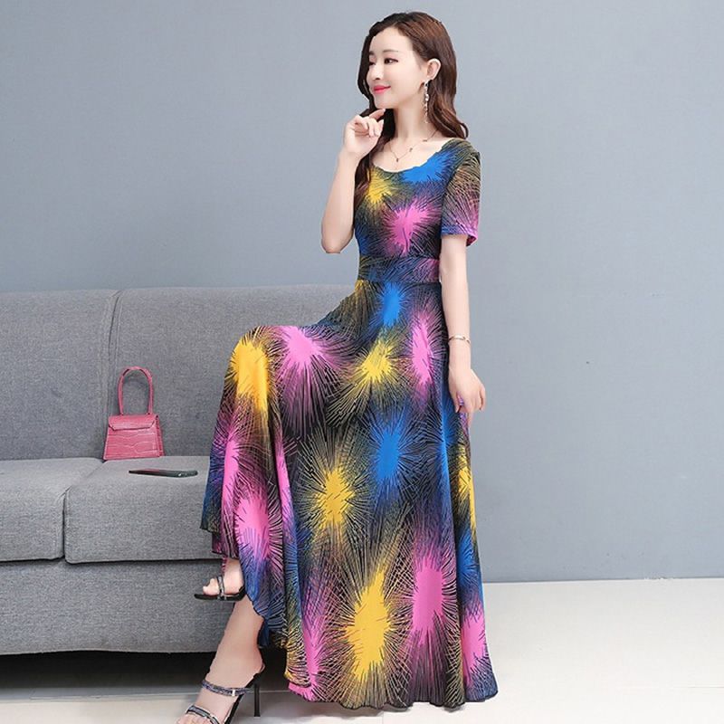 Women Printed Dress Summer Short-sleeve Crew-neck d-length Dress color