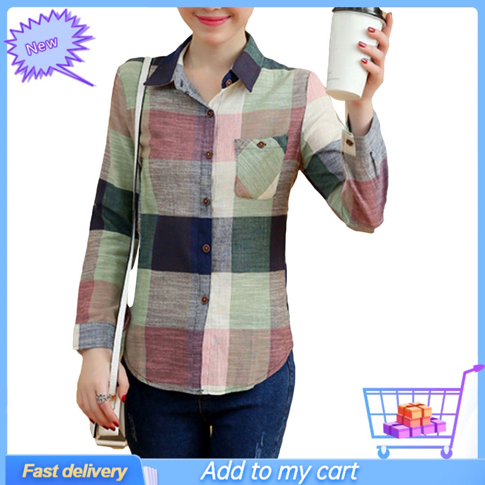 Women Casual Long Sleeve Turn Down Collar Pocket Slim Cotton Linen Plaid Shirt