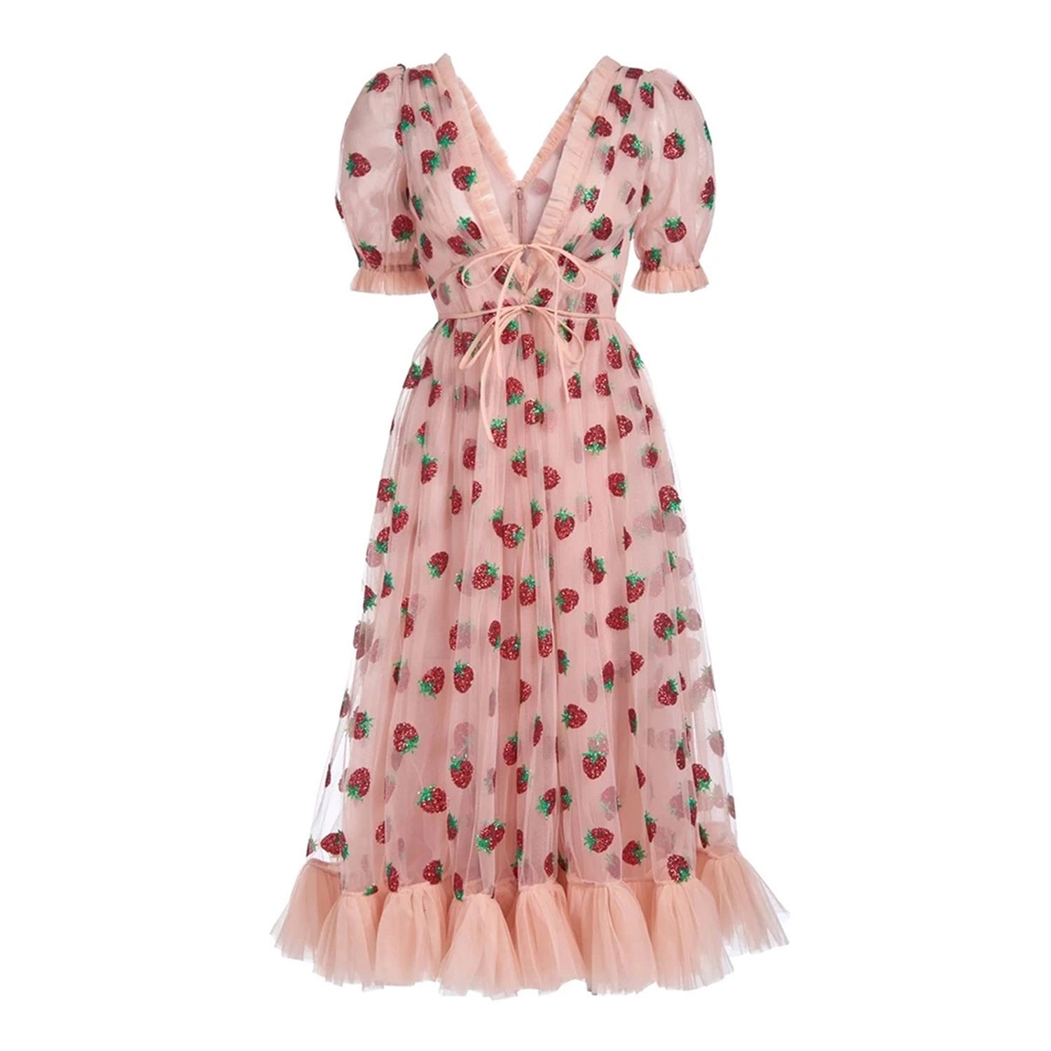 2021 Women’s Fashion Strawberry Sequin Dress Summer Short or Long Sleeve V-neck Slim Fit A-line Dress