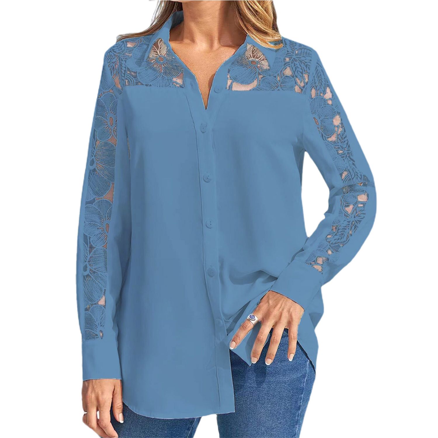 Women Shirt Full Sleeve Loose-fitting Turndown Collar Shirt