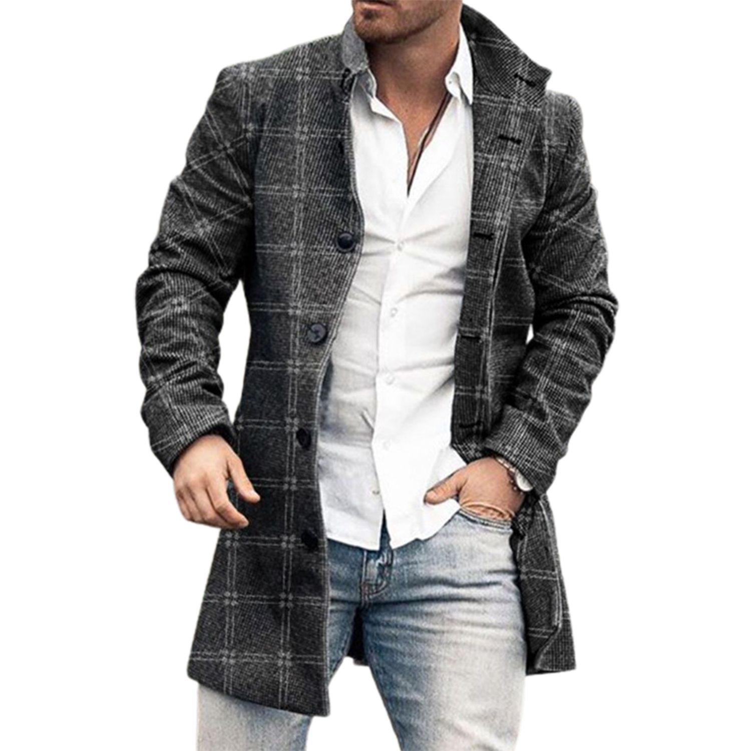 Men Jacket Single-Breasted Warm Pockets Trench Coat