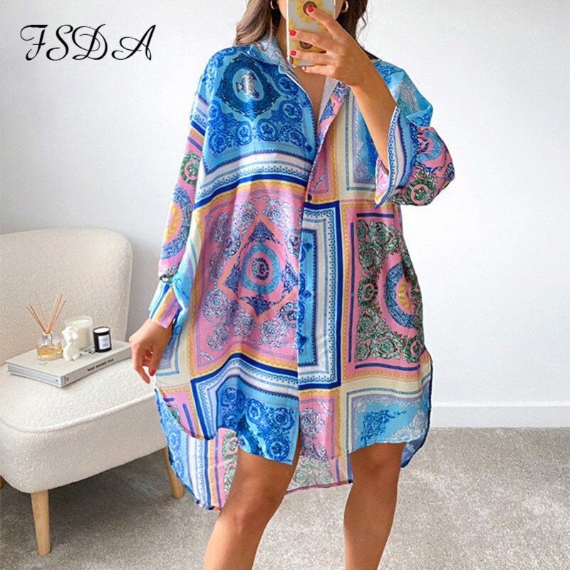 Summer Long Sleeve Shirt Dress Women V Neck Print Blue Loose Beach Party Casual Green Dresses