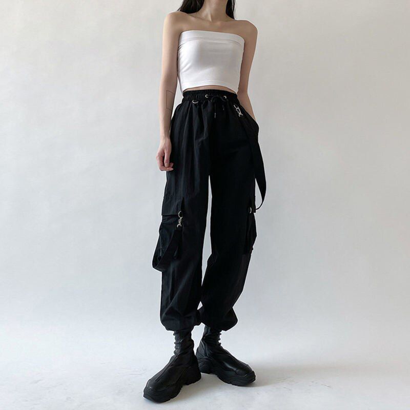 Goth Cargo Pants Women Punk Capris Pants High Waist Pants Oversize Detachable Strap Casual Trousers Emo Techwear