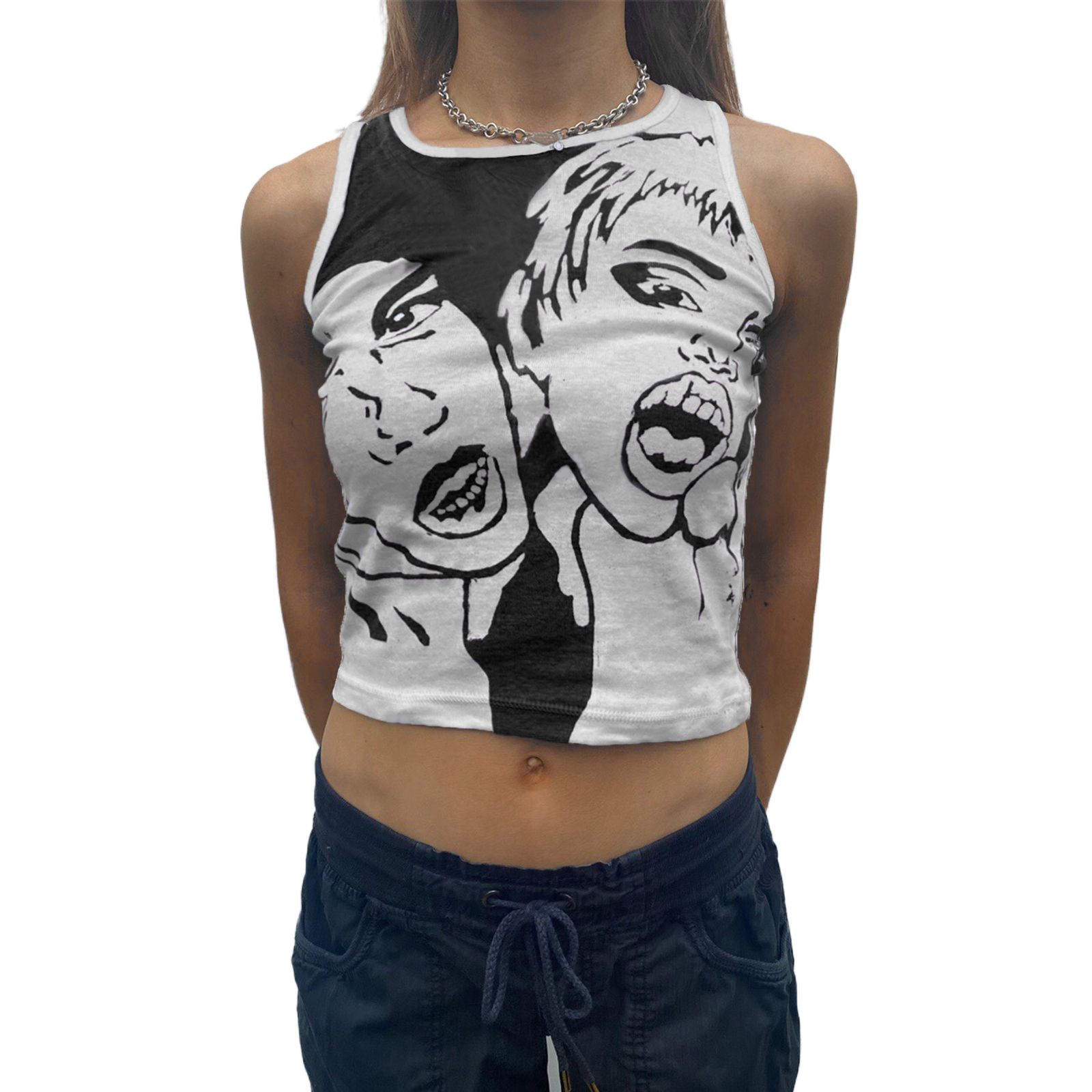 Ladies Summer  Midriff-baring Camisole, Creative Human Head Printing Round Collar Sleeveless Tops Slim Base Shirt