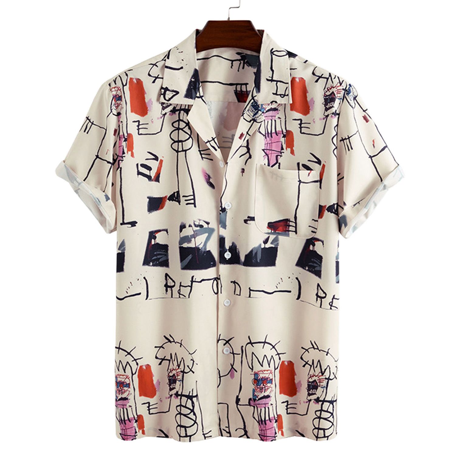Men Short Sleeve Graffiti Printing Lapel Slim Fit Hawaiian Shirt Streerwear for Party