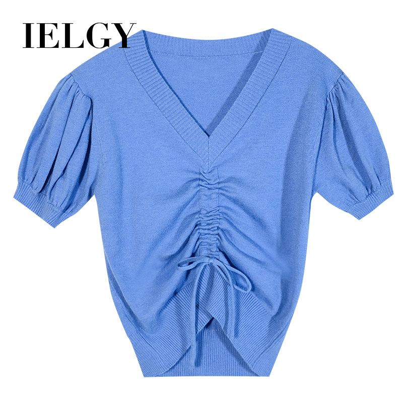 IELGY summer new drawstring short-sleeved sweater female soft loose breathable ageing top