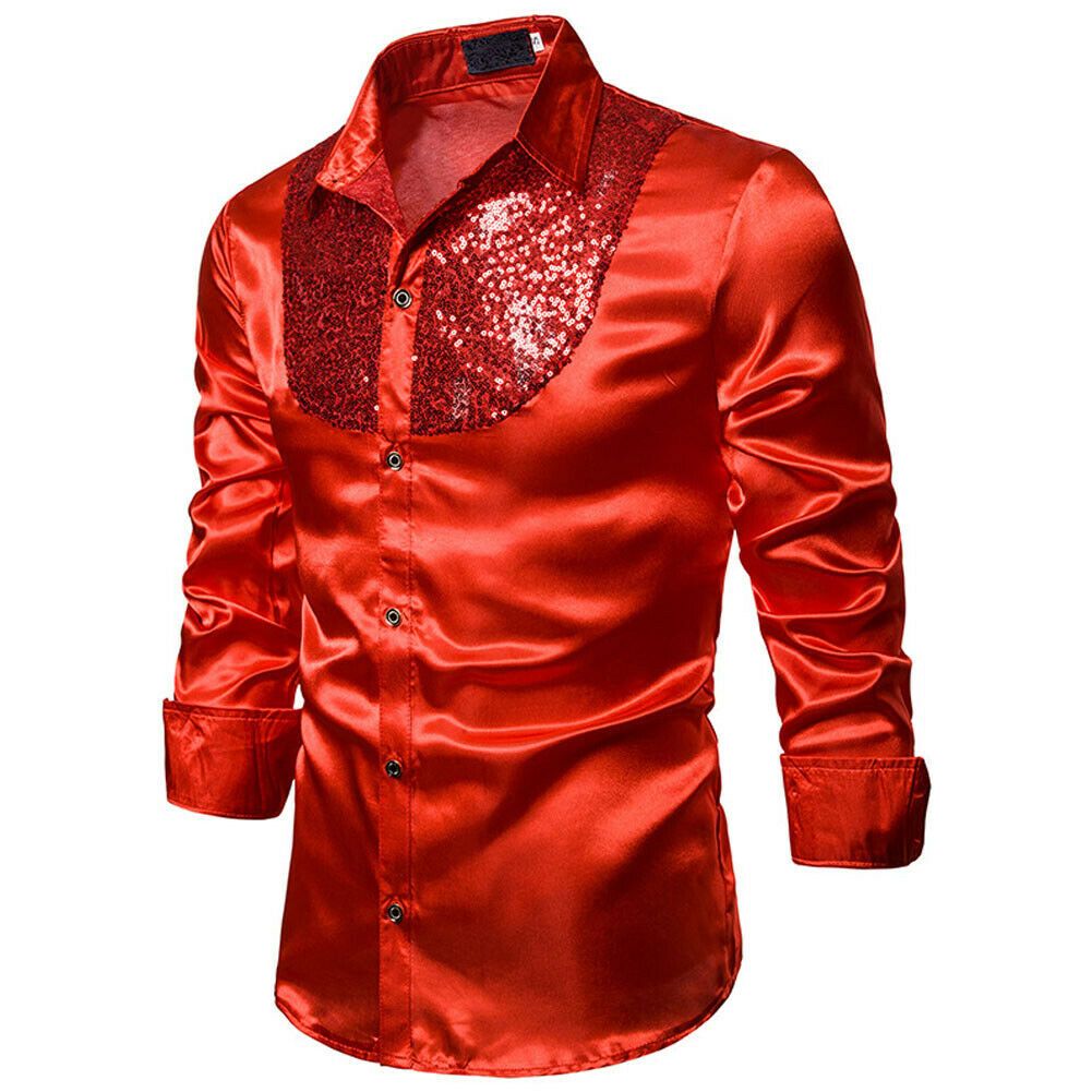 Formal Men Slim Ball Wedding Luxury Silk-Like Satin Long Sleeve Dress Shirts/TOPS Sequins Disco Dance Shirt S-XXL