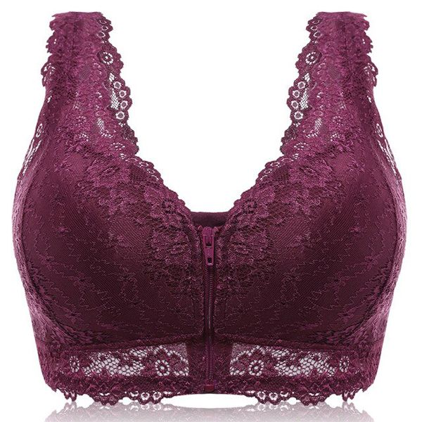 Female Vest Front Zipper Push Up Bra Full Cup  Lace Bras For Women Bralette Top Plus Size Seamless Wireless Gather Brassiere
