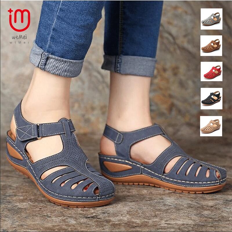 Women's Wedge Sandals Leather heels Slipper Anti Slip Plus Size Jelly Shoes Closed Toe Hook and Loop Sandal