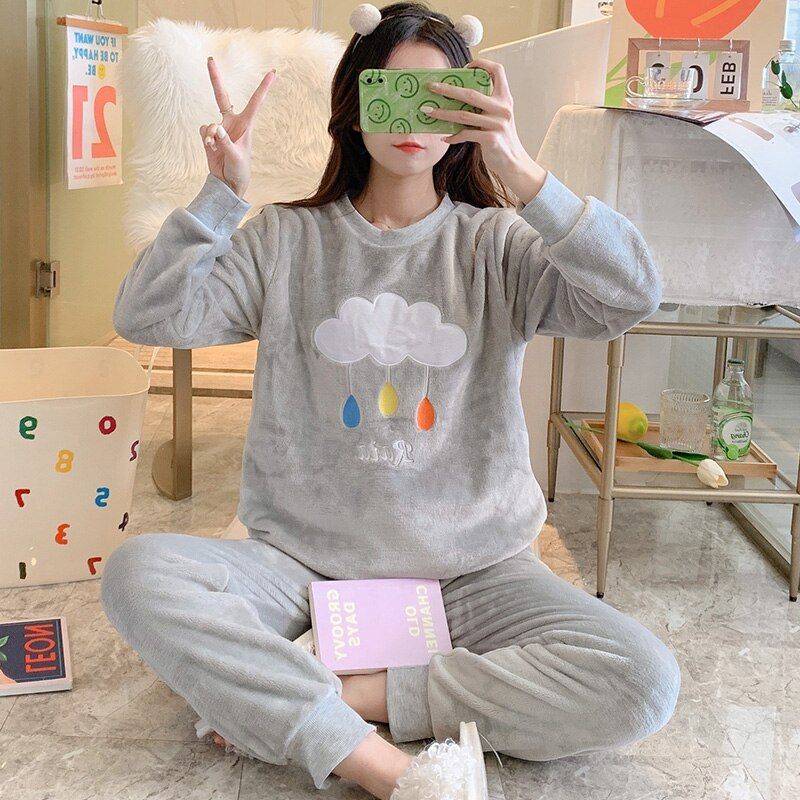 Spring Winter Anti Cold Keep Warm Women Coral Fleece Pajamas Set of Sleepcoat & Lady Thermal Flannel Home Clothing Pajama set