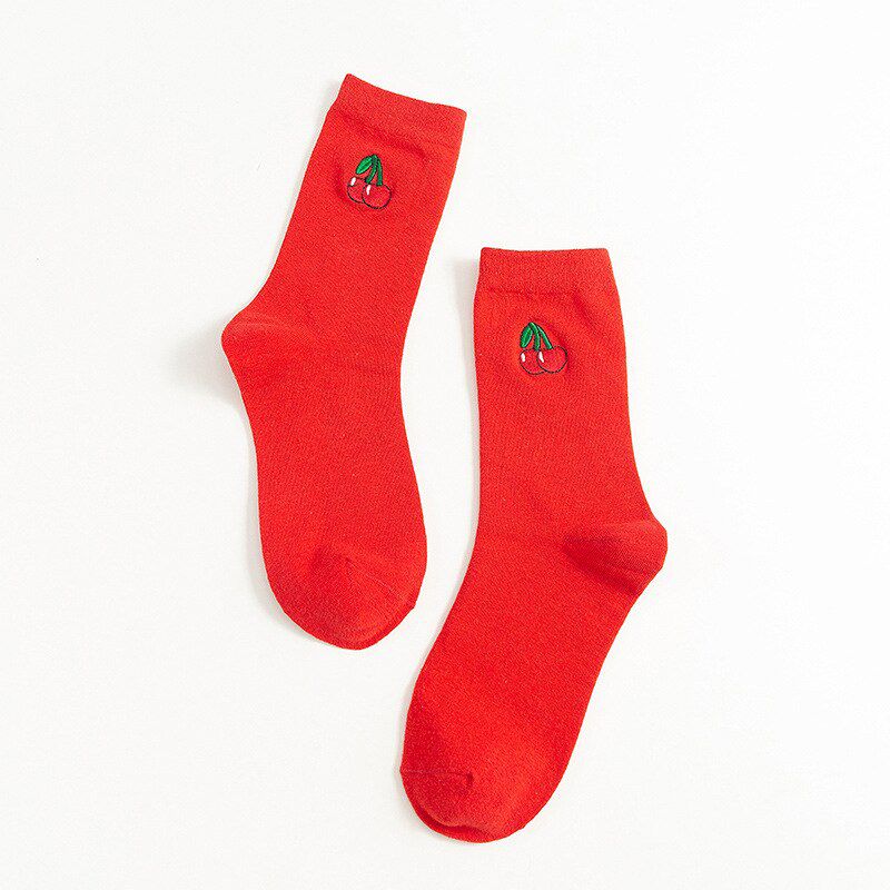 Fashion Kawaii Fruit Women Socks Cottonautumn Winter Cartoon Embroidery Cute Socks Woman with Avocados Cherries 091701