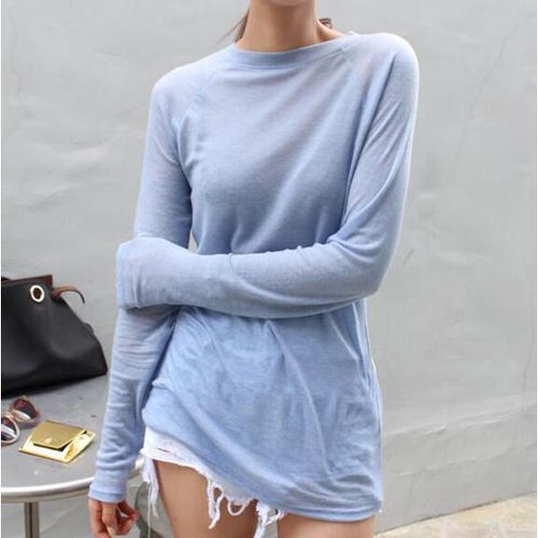 2021 New Spring Summer Basic Tops Long Sleeve Loose Thin  Blue T-shirt Women Fashion Solid Color Cotton Cloth Femme