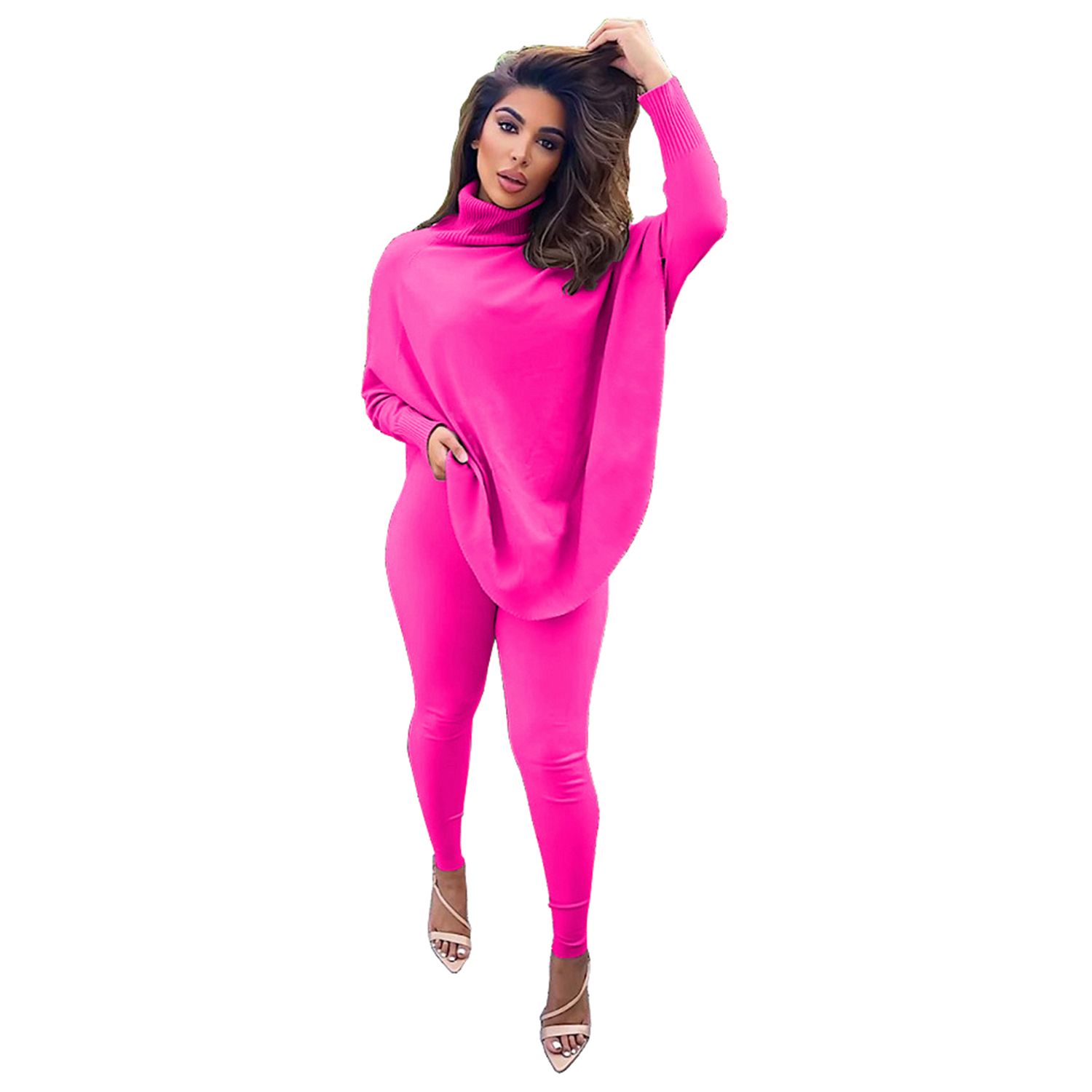 2 Pcs Women Solid Color Outfits, Adults Casual Style Batwing Sleeve High Collar Slit Pullover + Pencil Pants