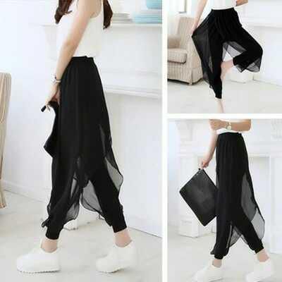 Korean style S-6XL PLUS SIZE women Chiffon Pants Culottes Elastic High Waist Harem Pants Loose Cropped Pants