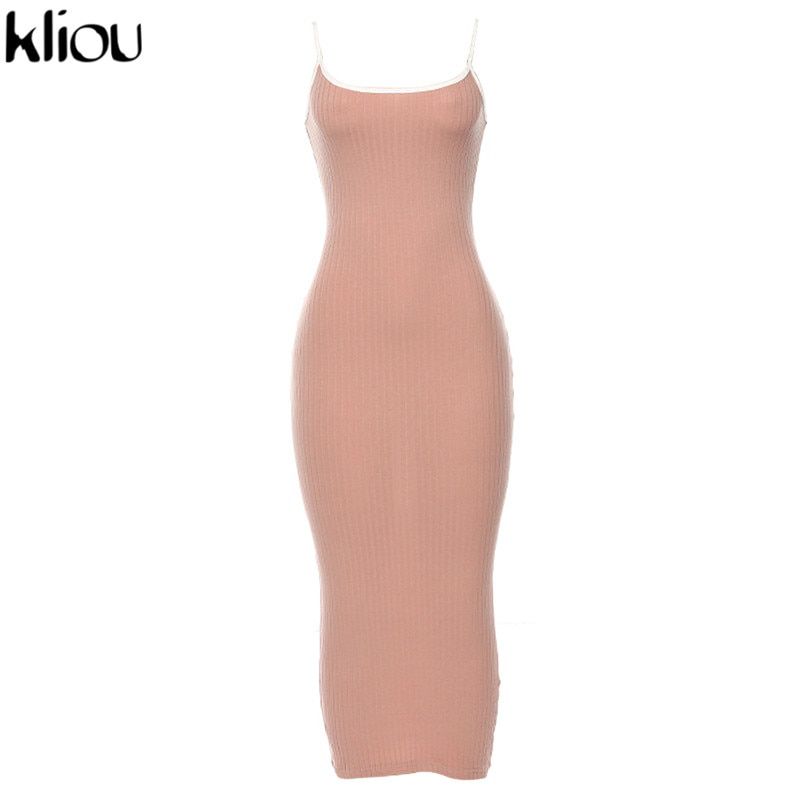 Kliou strap backless  bodycon midi long dress new women high waist cotton striped dresses elegant fashion party clothes