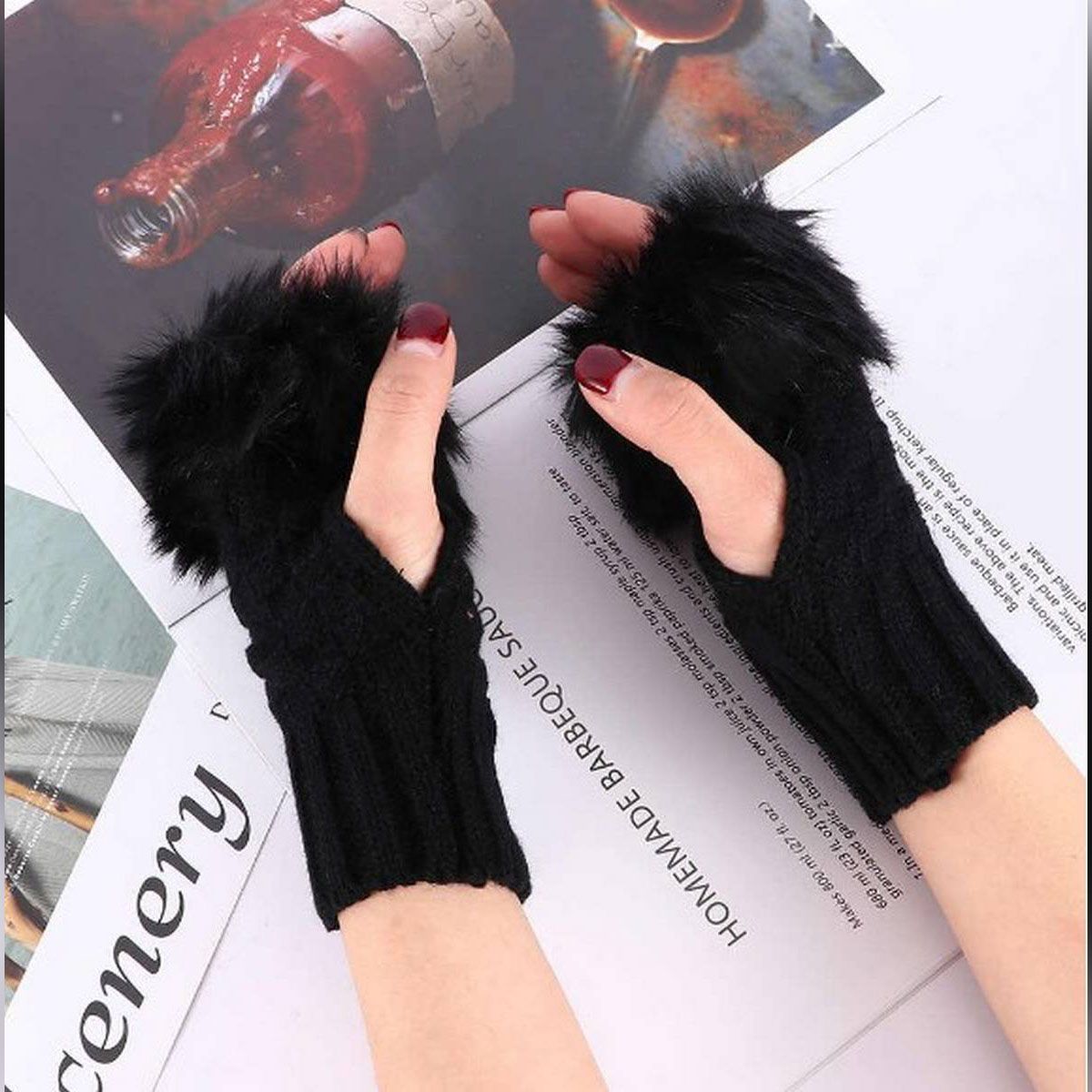 0ne Pair Fashion Women Faux Rabbit Fur Hand Wrist Crochet Knitted Fingerless Gloves Knitting Mittens Winter Autumn Warmer