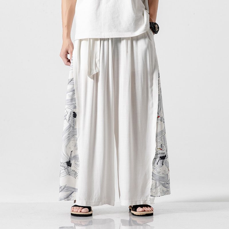Cotton Linen Wide Leg Pants Mens Chinese Style Patchwork Vintage Man Leisure Trousers Summer Harem Pants Male Fashion Pants