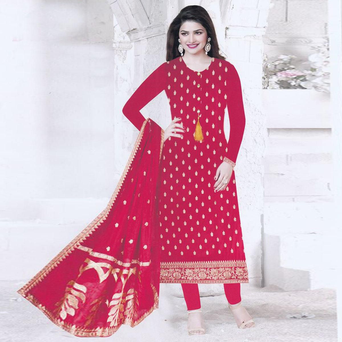 Unstitched Red Georgette Embroidery Work Salwar Kameez For Women