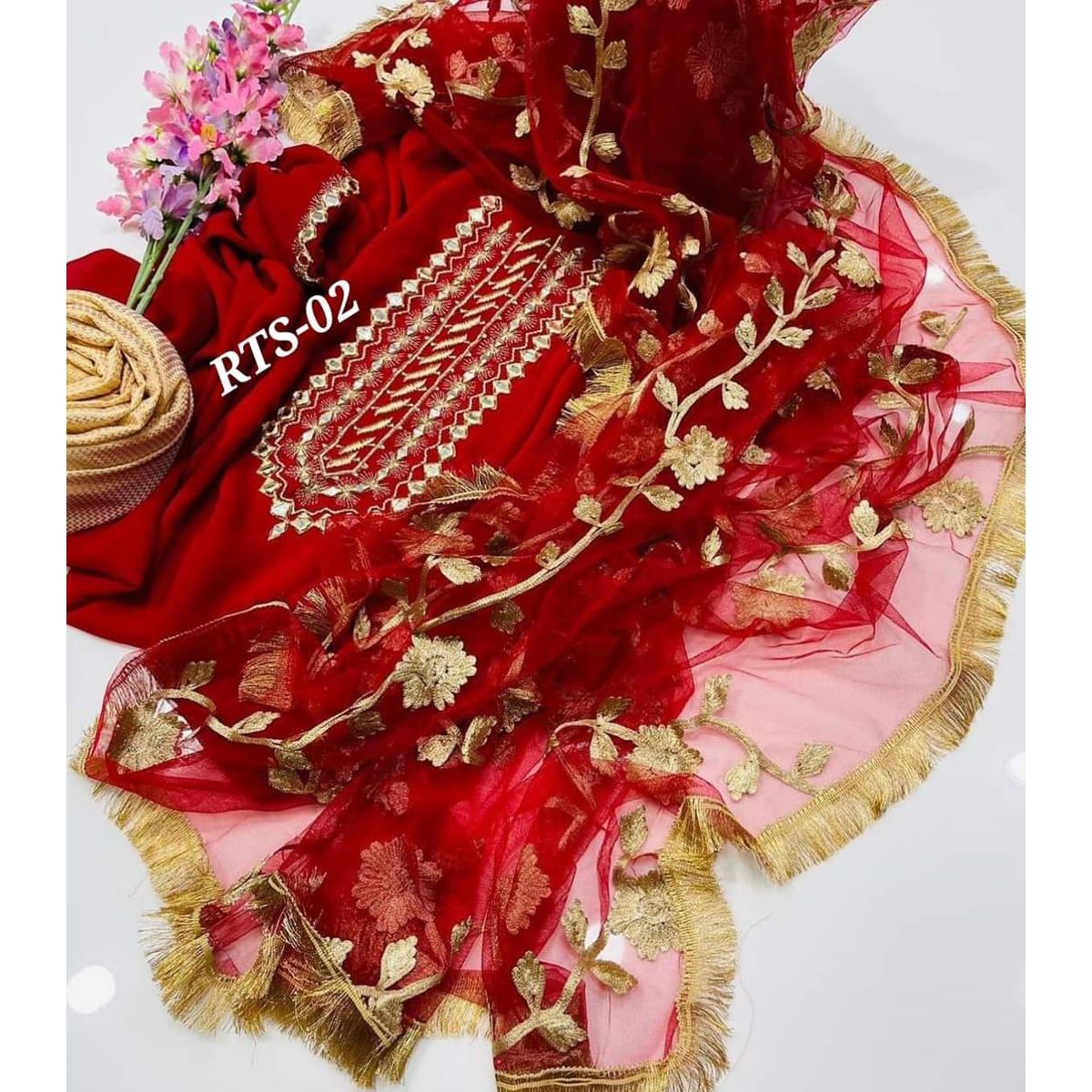 মহিলাদের জন্য ইন্ডিয়ান নতুন ডিজাইনের গুলমোহর গ্লাসের কাজ আনস্টিচড 4 পিস, লাল রঙ।