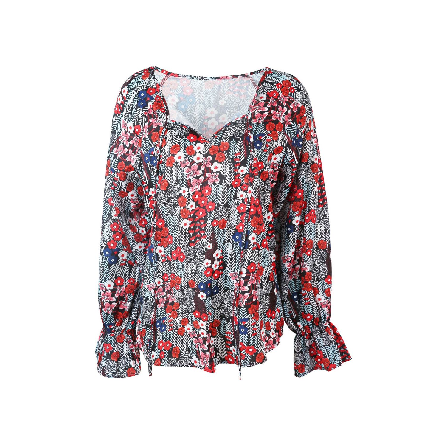 Women Long Sleeve Blouse with Floral Print, Bow Tie Ruffle Decoration Spring Clothing