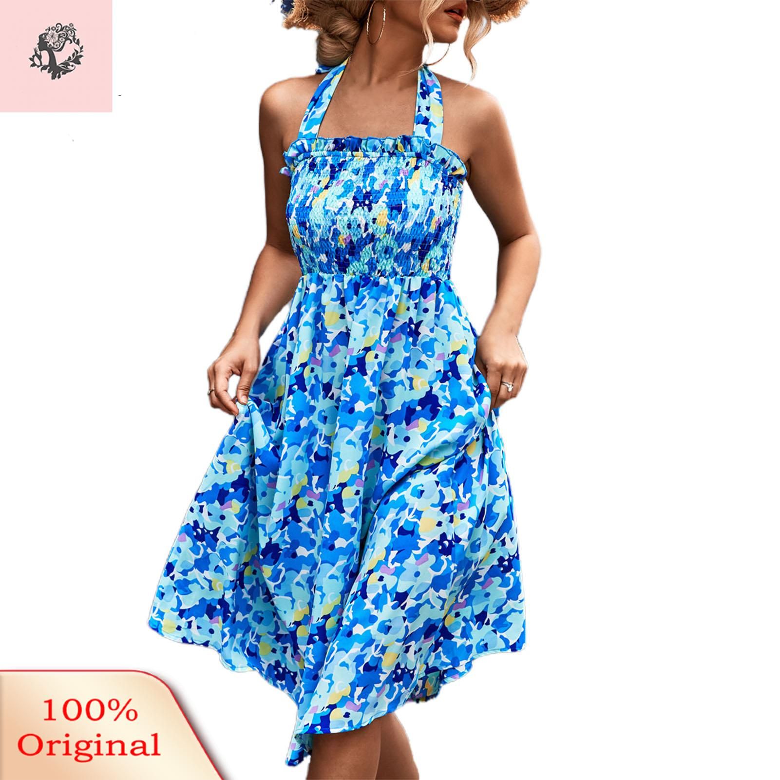 Sunnyheart Female Dress Loose Ruffled Side Halter Bandage Printing Summer Dress
