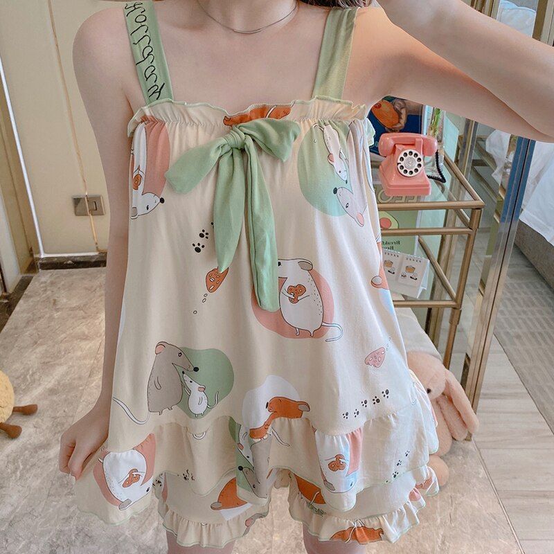 Summer Women Pajamas Set Shortless Sling Korean y Summer Tracksuit Girls Fashion Pijama Students Cute Bow Sleepwear Set