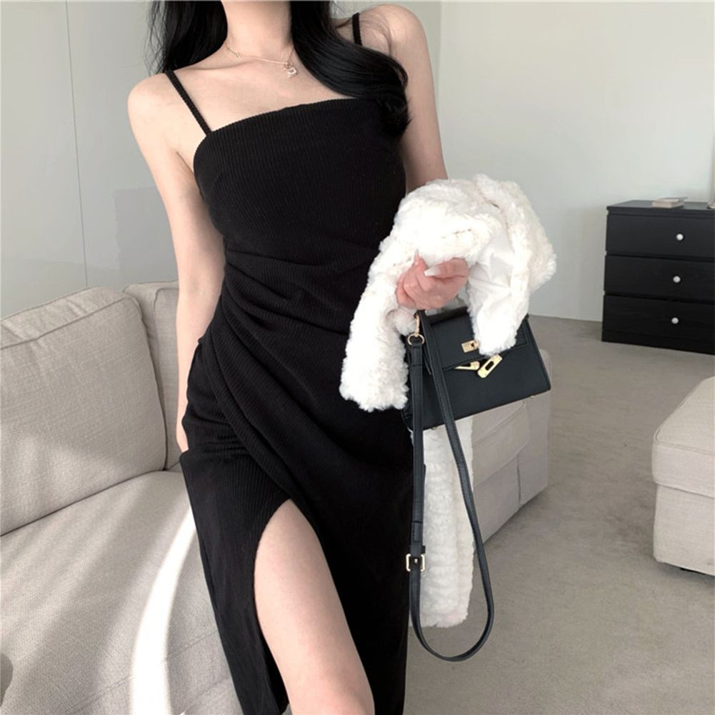 GC Women Dress Thread Pullover Suspender Slit Long Skirt Sweet High Waist Solid Color Dress