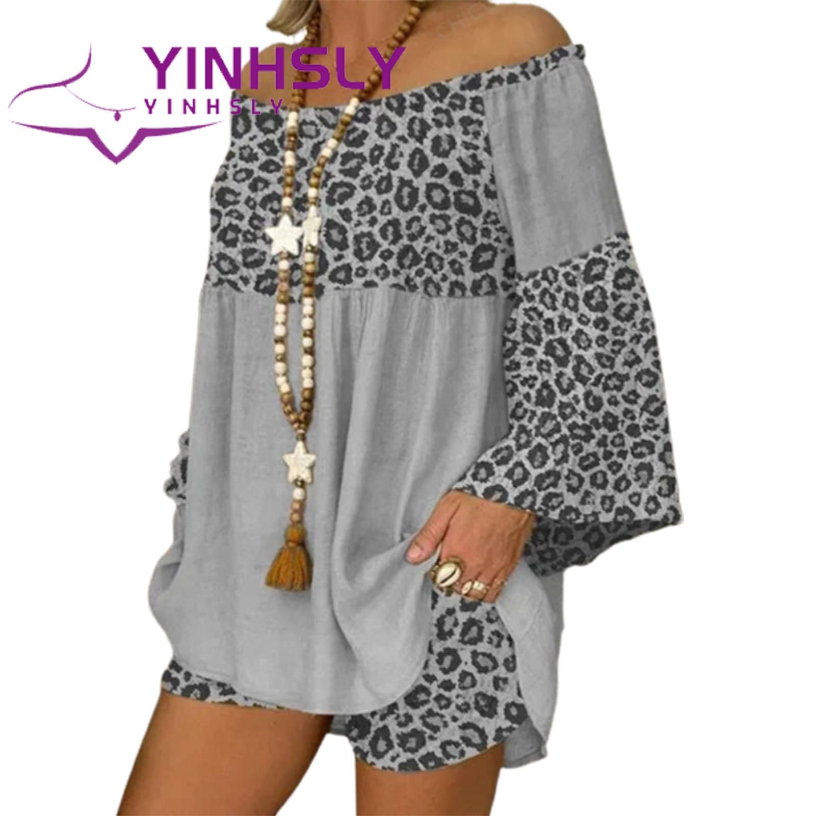 Summer Blouse Trousers Set Elastic Waist Leopard Print Off Shoulder Lady Blouse Pants Set