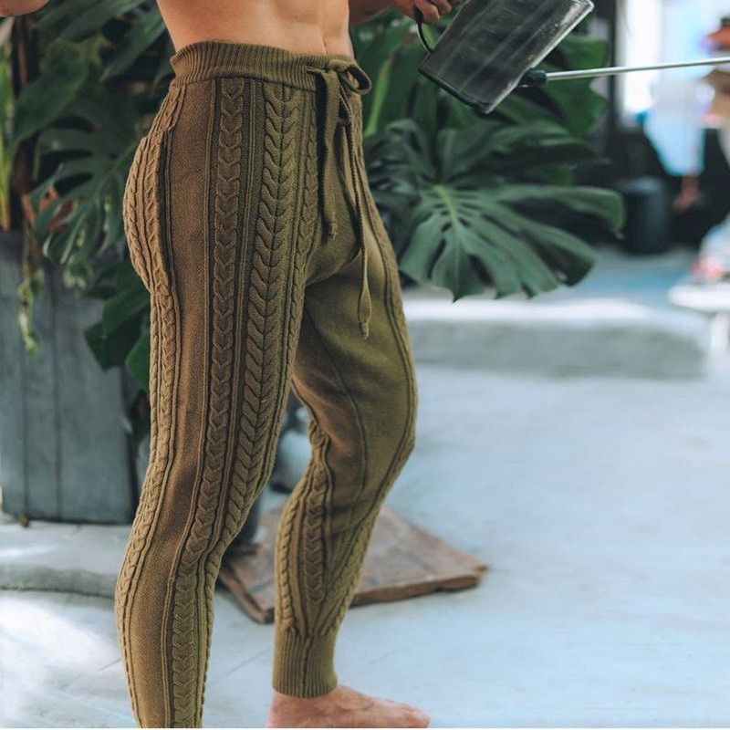 Autumn Winter Men Fashion Slim Fit Knitted Pants Casual Twist Drawstring Warm Homewear Trouser Man High Waist Streetwear Jogging