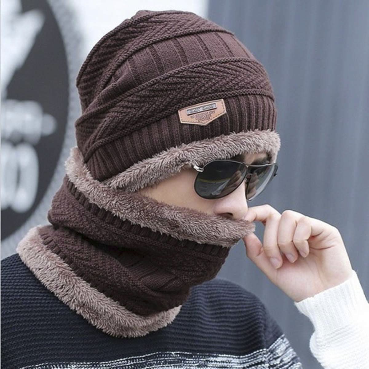 Neck warmer knitted hat scarf set fur Wool Lining Thick Warm Knit beanies balaclava Winter Hat