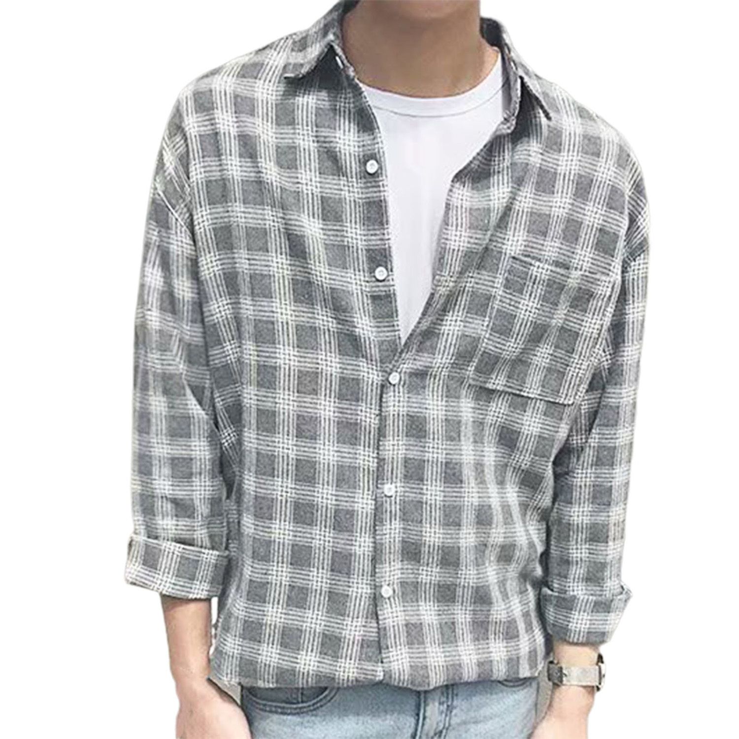Fashion Men Shirt Turn Down Collar Long Sleeve Plaid Pattern Single-breasted Shirt Top for Work