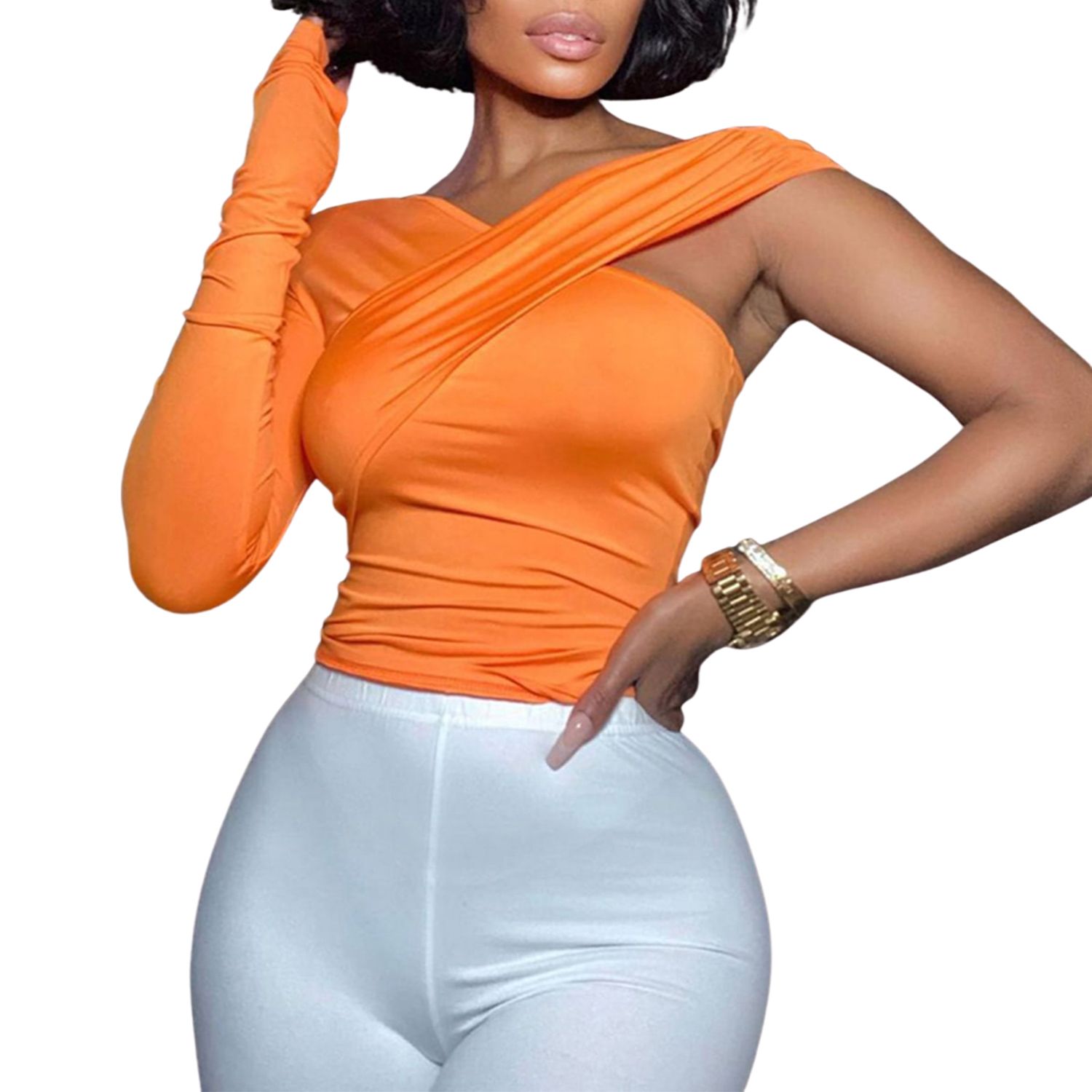 Women  Short Top Shirt, Long Sleeve One Shoulder Surplice Irregular Crop Tops, Ladies Spring/Summer/Fall Slim Navel Shirt