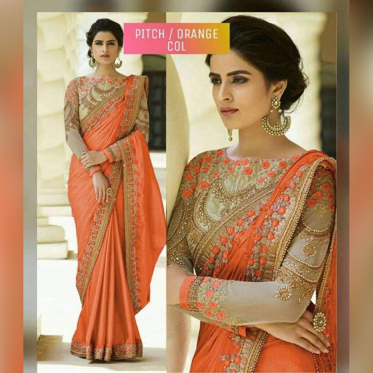 Indian Weightless Georgette Saree Orange Color High Quality Embroidery Work On Blouse