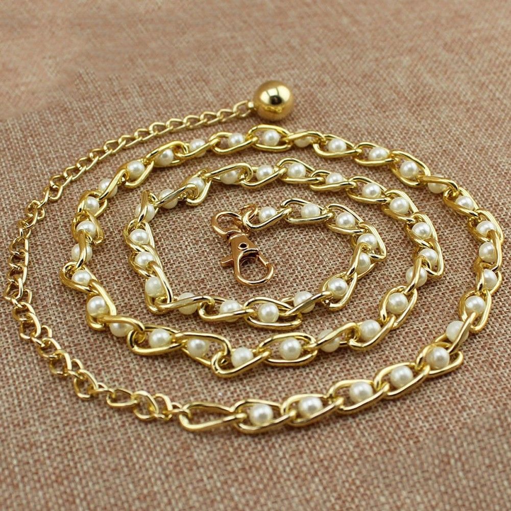 Cute Metal Adjustable Thin Ladies Waist Pearl Chain Belt For Decorative Cloth