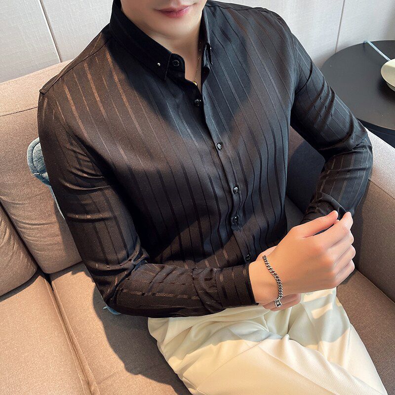 Autumn New Long Sleeve Stripe Shirt Men 2021 Simple Slim Fit Business Casual Formal Wear Chemise Homme Dress Social Club Shirt