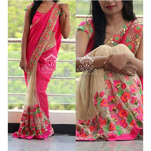 Indian Weightless Georgette Saree Pink & Bickuit Color High Quality Embroidery Work On Blouse