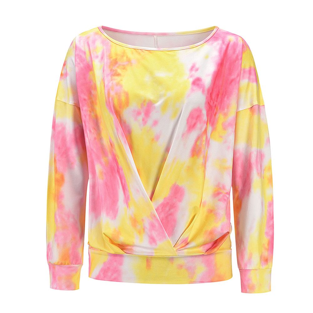 Women Tie-dye Print Sweater, Autumn Long Sleeve Round Neck Gathered Trim Pullover