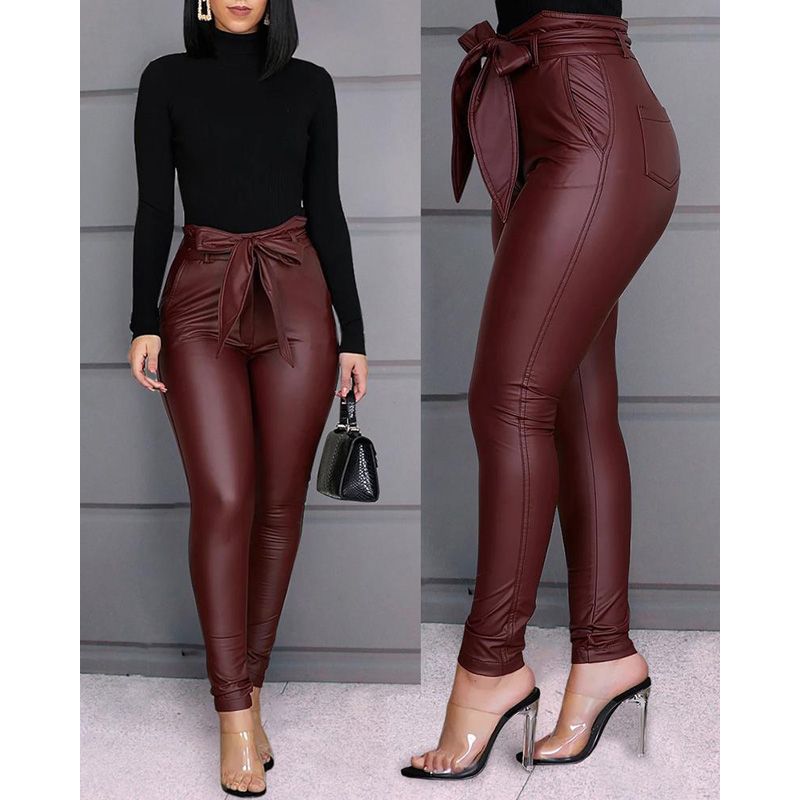 Women's Fashion High Waist Pencil Pants Artificial Leather PU Casual Push Up Slim Fitness Solid Elastic Waist Bow Pants