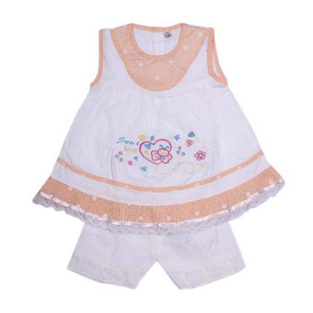 White and Coral Cotton Frock and Pant Set For Girls