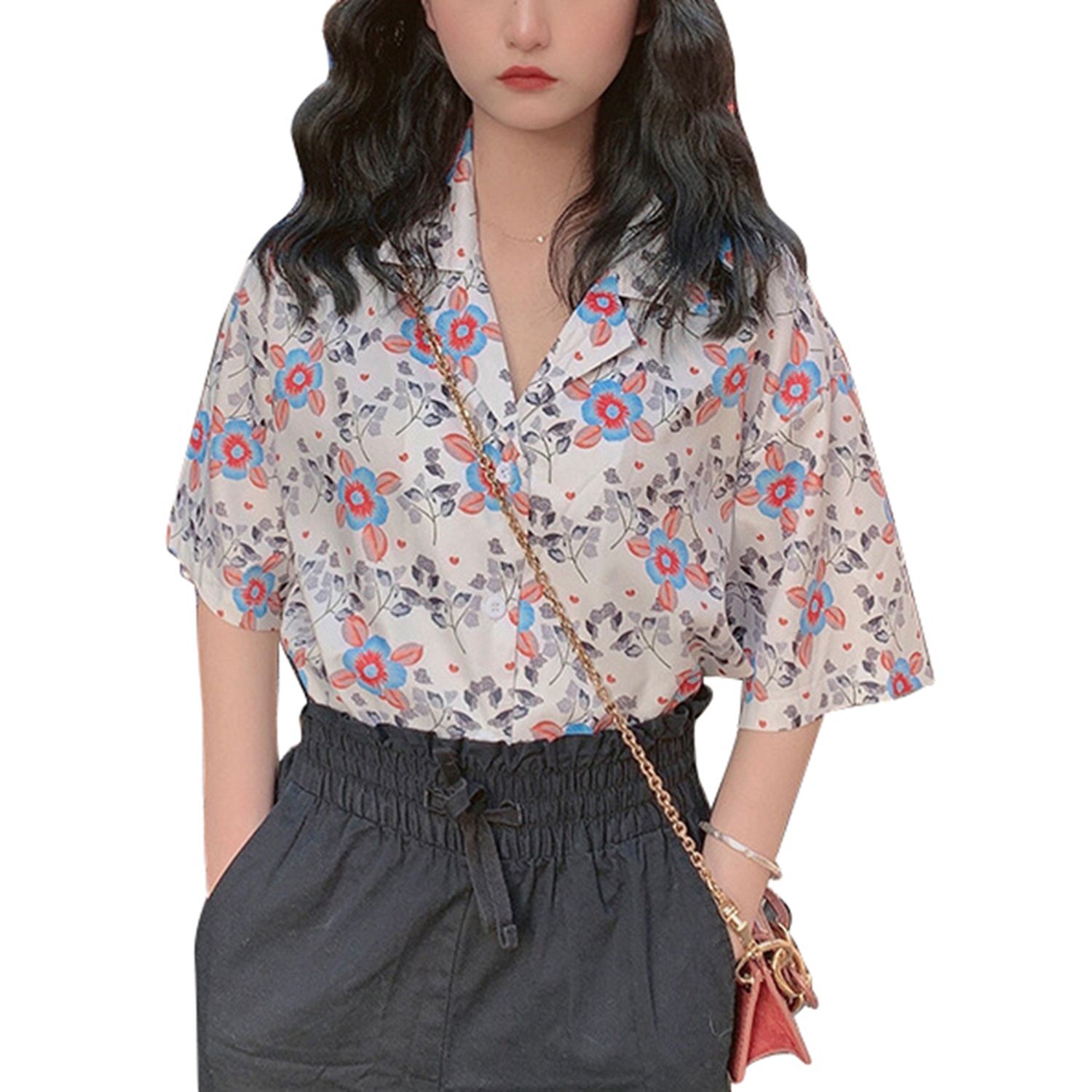 Women Fashion Short Sleeve Floral Shirt Summer Casual Lapel Buttons Tops for Ladies