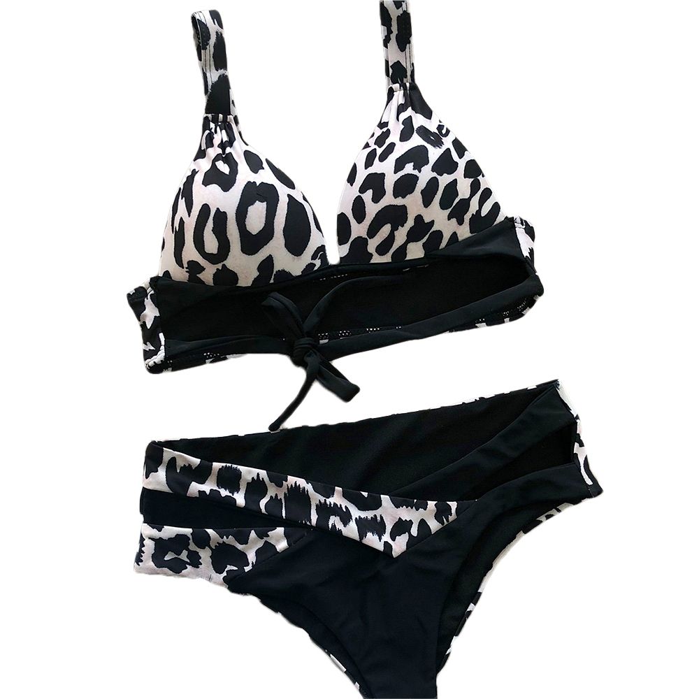 Bikini Two-piece Bandage Leopard Print Splice Hight Waist Thin  Gathering Woman Clothing Split Swimsuit