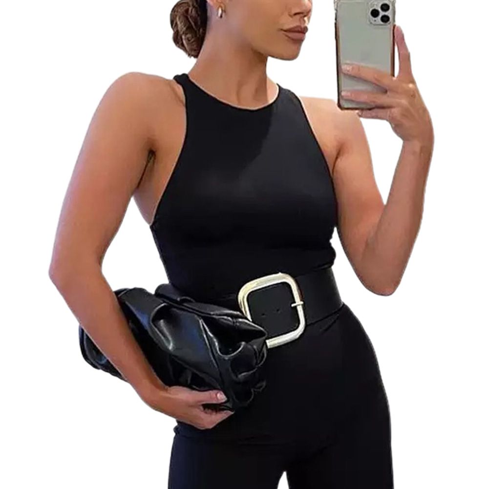Women's Blouse Summer Solid Color Crew-neck Stretch Vest Jumpsuit