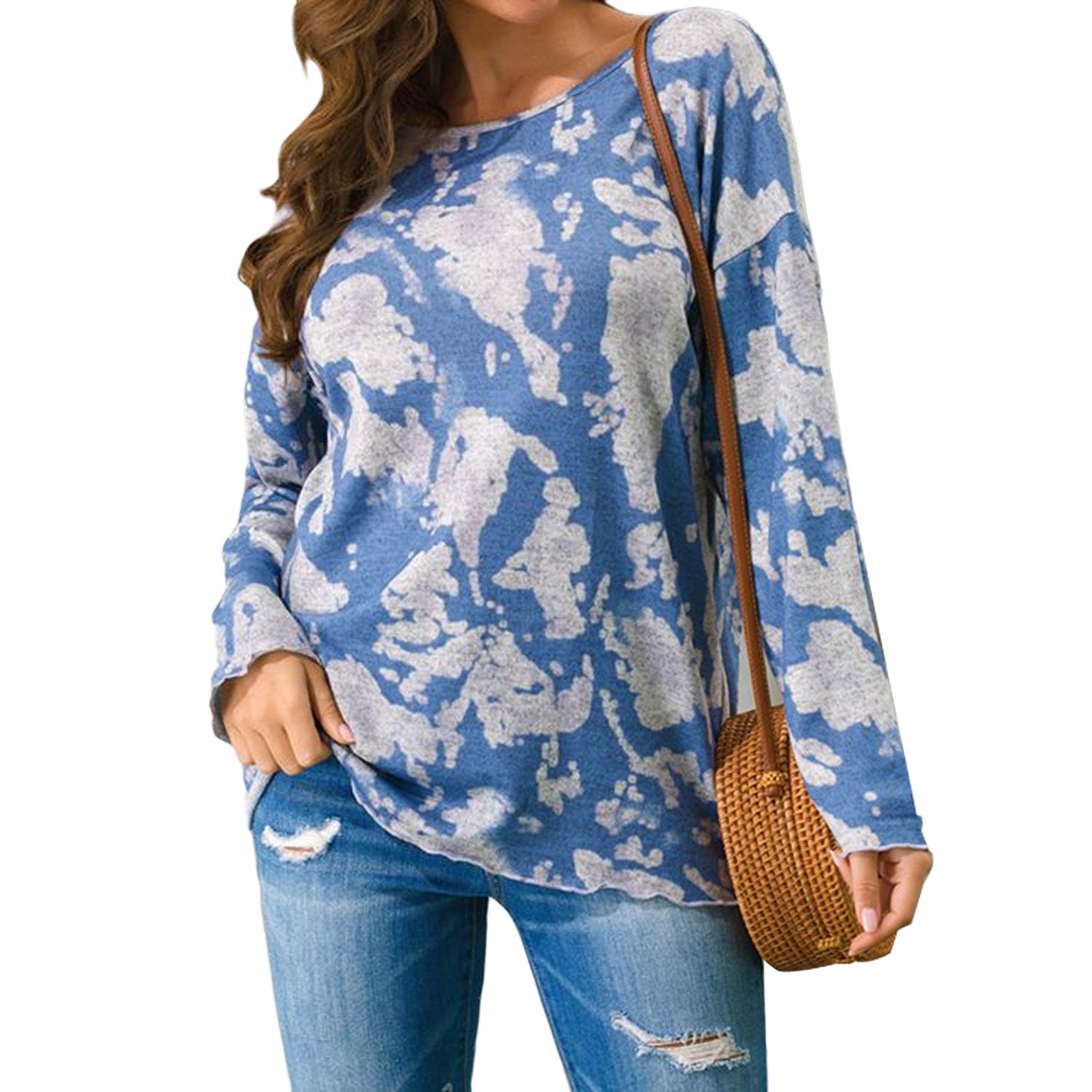 Women's Long Sleeve Printed Knited Top, Round Neck Loose Fit Casual T-shirt for Spring and Autumn Daily Wear