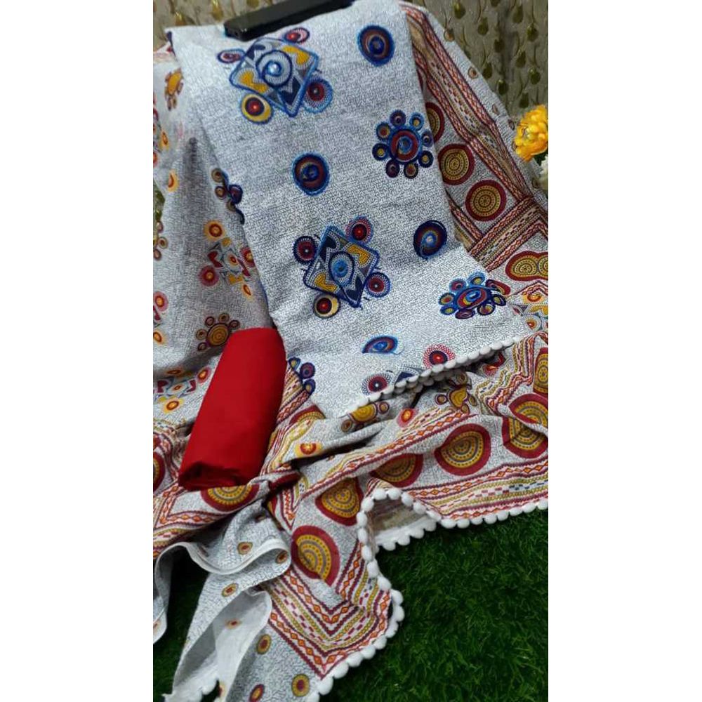 Joypuri Skin Print and Block Print With Embroidery Work Unstitched Cotton Three Piece 3 Piece For Women Ladies Collection