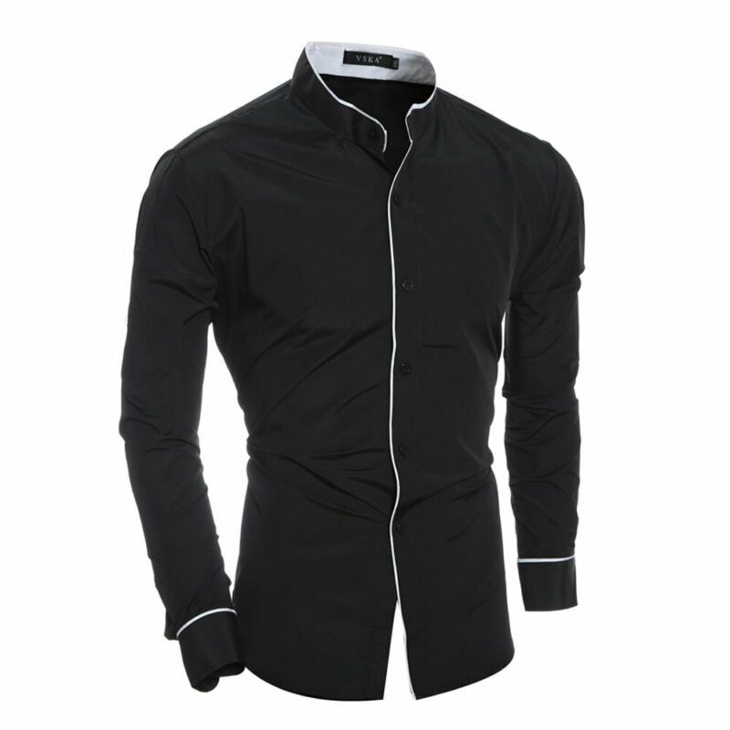 Men Stand Collar Shirt Long Sleeve Pure Colors Solid Slim Fit Business Shirts Male