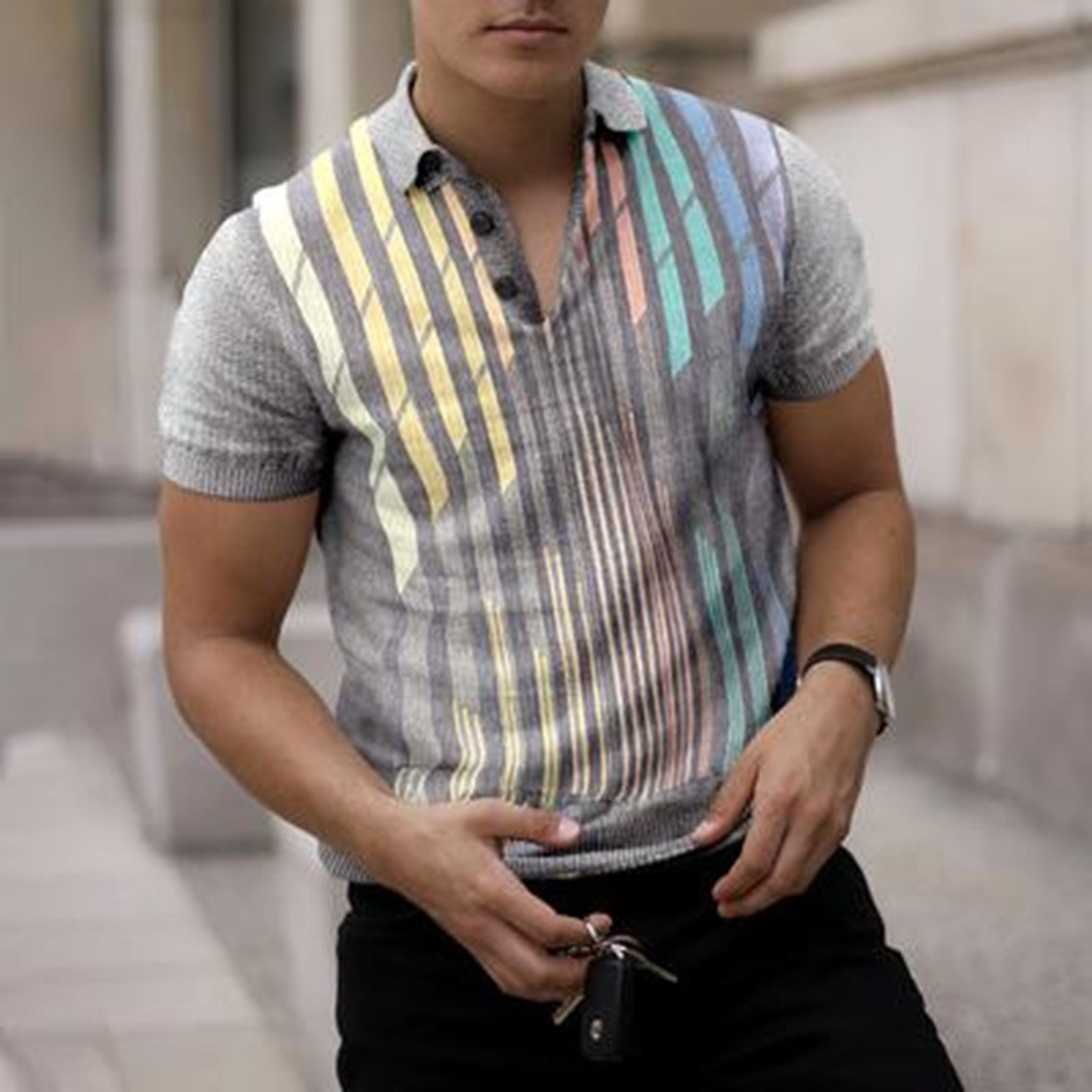 Tee Shirt Close Fitting Turn-Down Collar Striped Print Summer Top