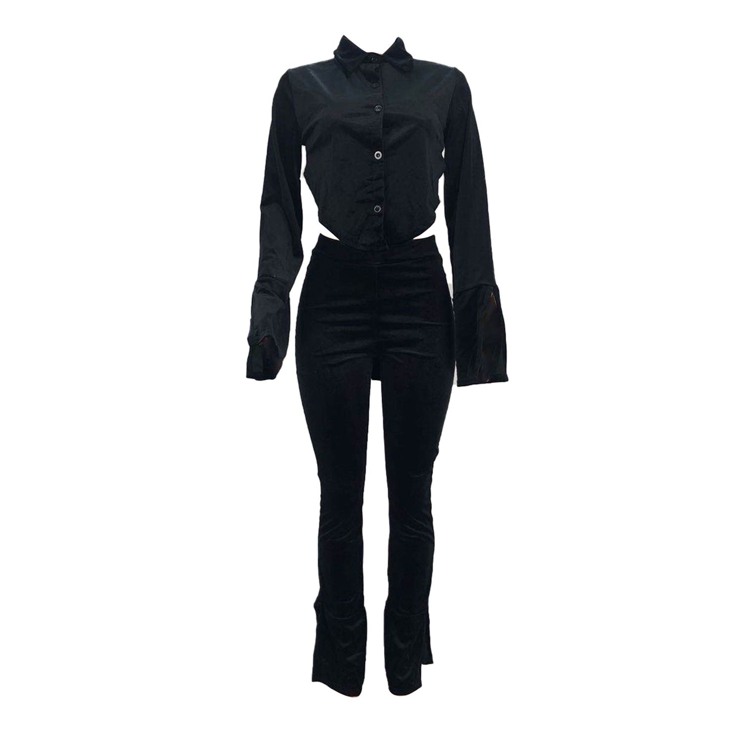 Women's Long Sleeve Trouser Suit, Solid Color Sports Two-piece Set, V-neck Backless Outfits